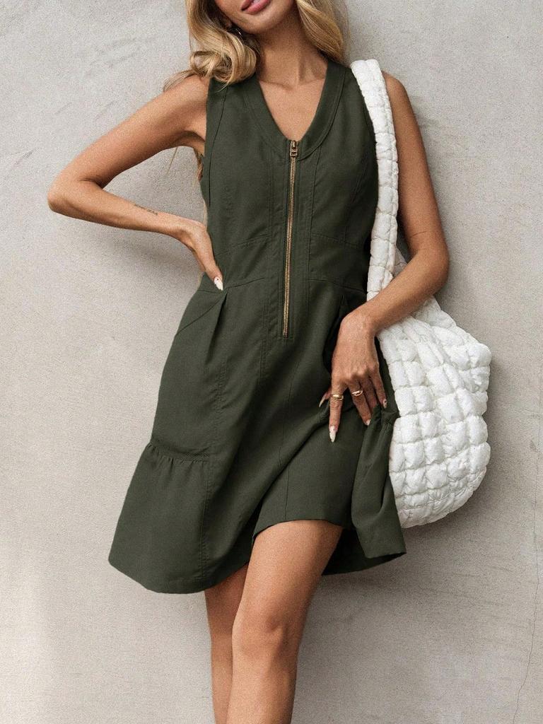 Womens Sleeveless Half Zip Tank Mini Dress Loose Fit Utility Pocket Dress