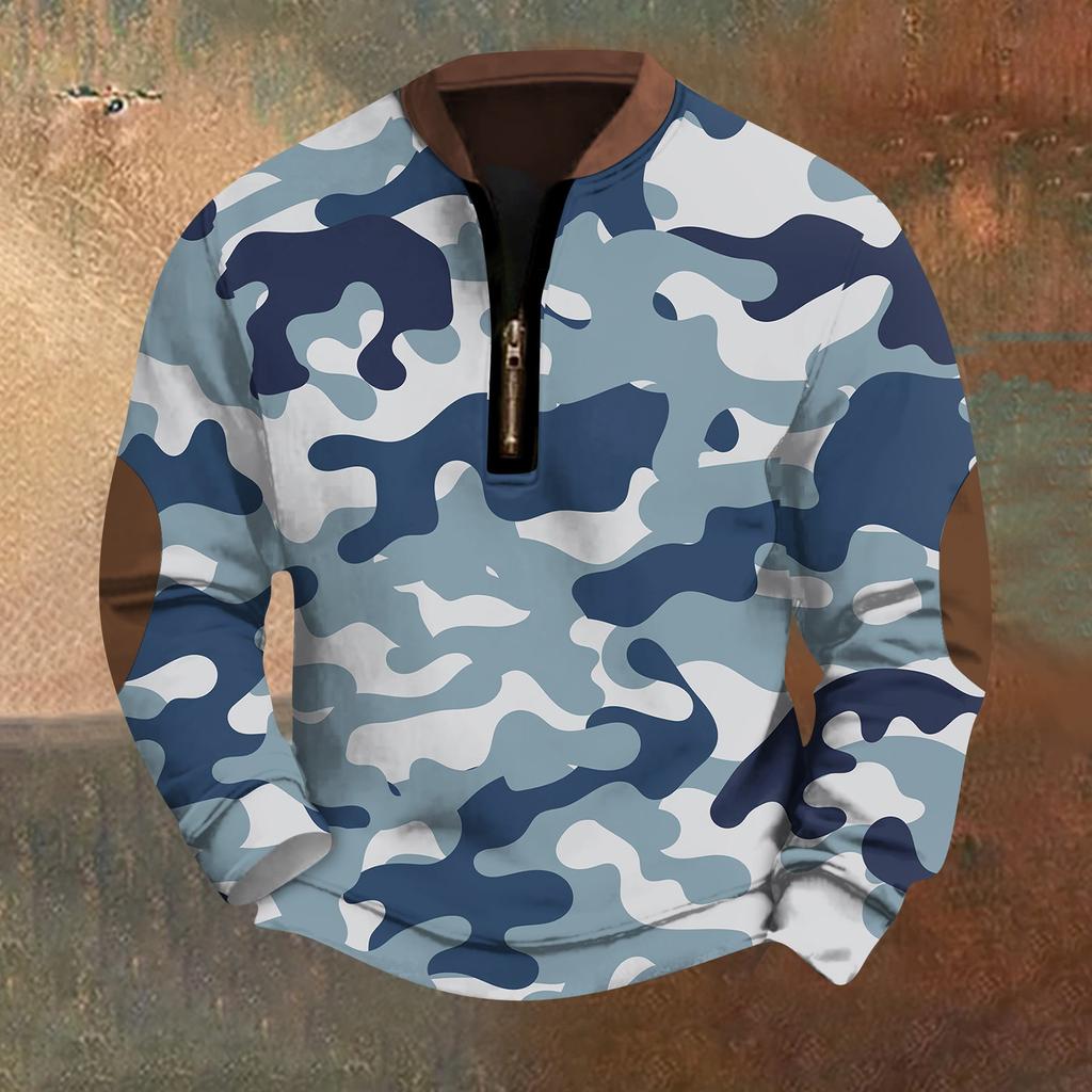 Men's Fashion Casual Half Zip Neck Loose Long Sleeve Camouflage Sweatshirt