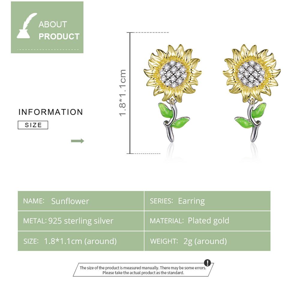 BAMOER Genuine 925 Sterling Silver Sunflower Stud Earring for Women Jewelry