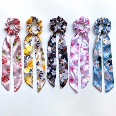 SILVR BEAR Luxury Satin - Set of 5 Same Colours As Pic, Printed Ribbon Scarf Scrunchies, Anti-Hair-Breakage, Stylish Scrunchy for Girls, Women, Hai