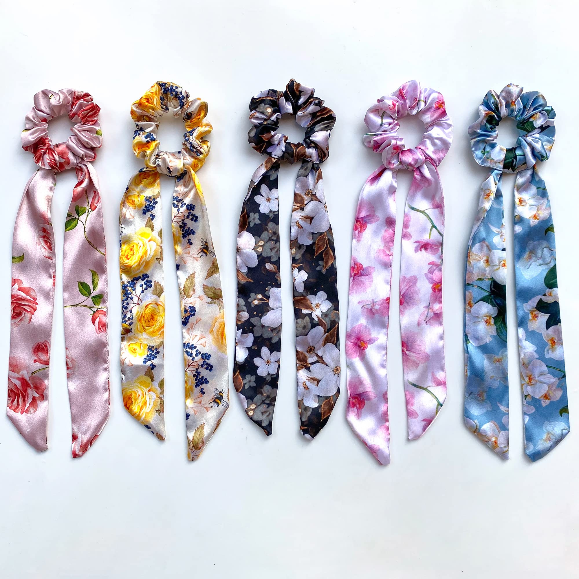 SILVR BEAR Luxury Satin - Set of 5 Same Colours As Pic, Printed Ribbon Scarf Scrunchies, Anti-Hair-Breakage, Stylish Scrunchy for Girls, Women, Hai