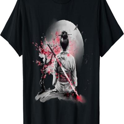 Geisha  Samurai Girl Sakura Cherry Blossom T-Shirt(3)