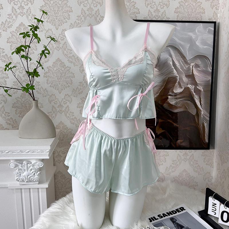 

Sexy pajamas women s Japanese private room suspender chest pad two-piece suit pure desire summer new bow skirt M【80-100】