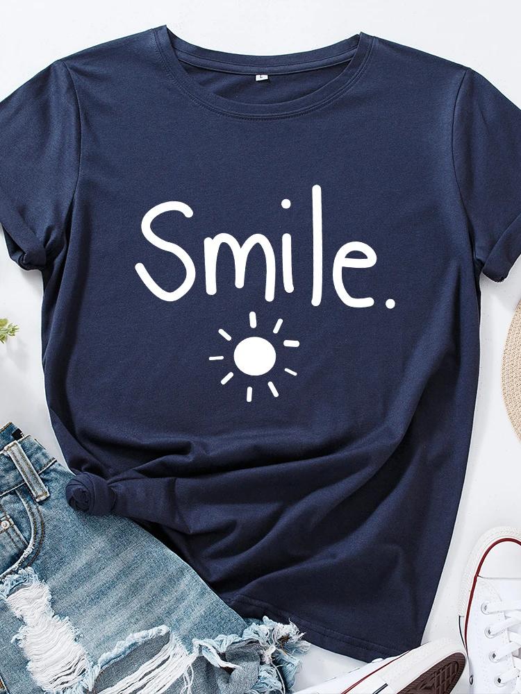 

Футболка с принтом «Sun Smile» для женщин с коротким рукавом и круглым вырезом, свободная летняя женская повседневная футболка, топы, Camisetas Mujer XXXL темно-синий