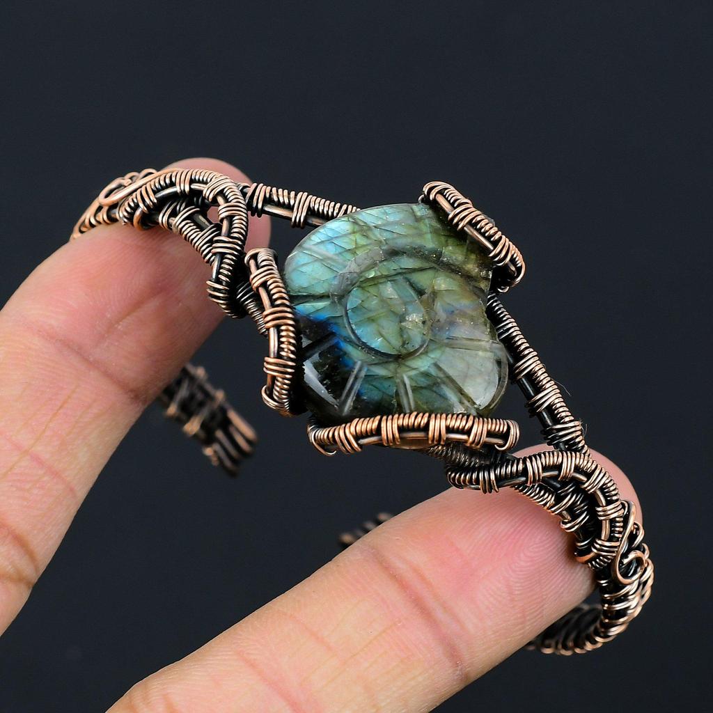 Laradorite Gemstone Handmade Copper Wire Wrap Jewelry Adjustable Cuff For Women