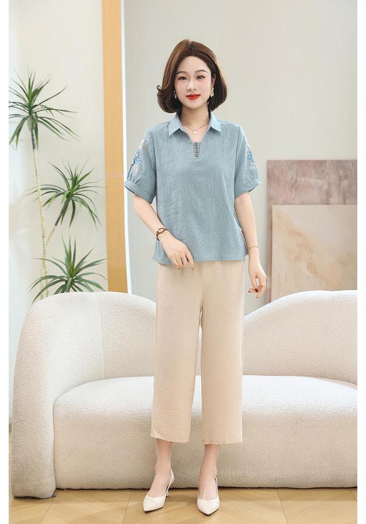 Women's Summer Short-Sleeved Cotton-Linen Top for Middle-Aged Ladies