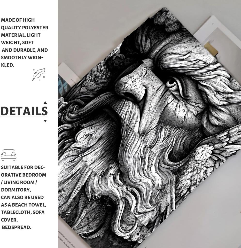 Mythical Bearded Man Black White Tapestry, Winged Divine Face Vintage Decorative Wall Hanging, Ethereal Tapestries Aesthetic for