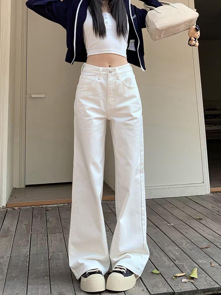 High-Waist White Wide-Leg Loose Jeans for Women - Slimming Straight Fit