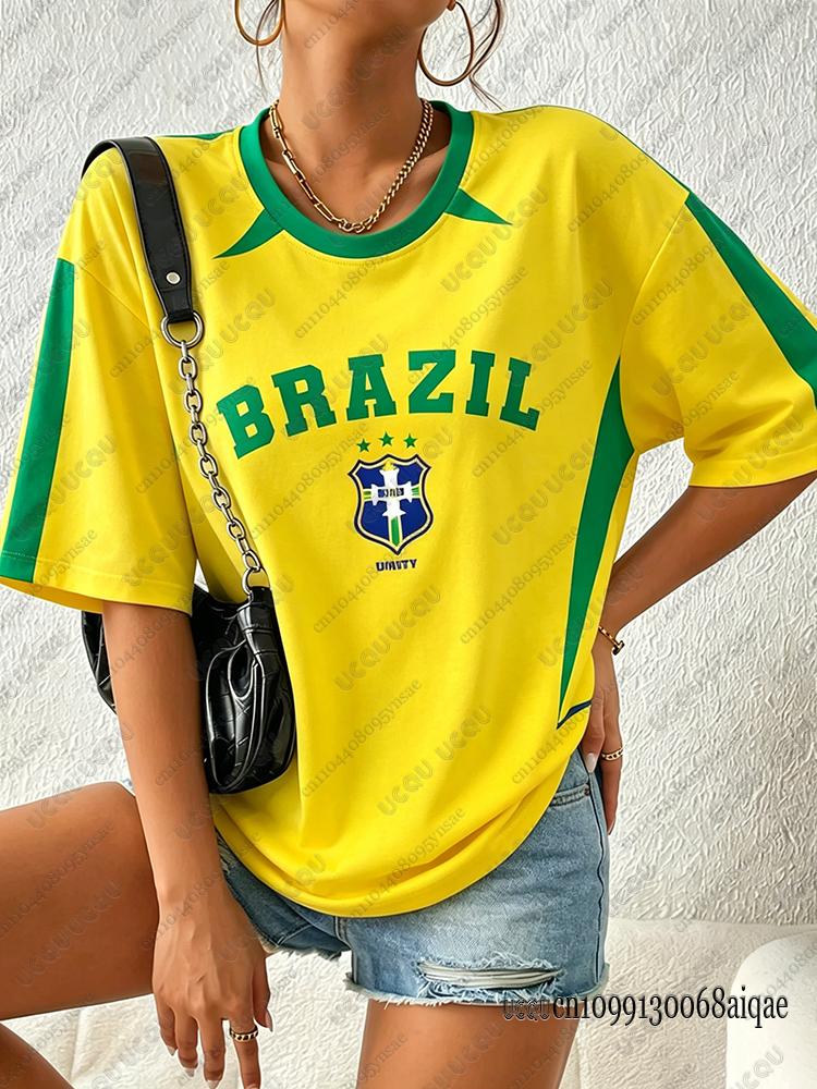 2026 Estate Nuova Maglietta Brasile Per Donne Girocollo Patchwork Manica Corta Oversize Streetwear Sportiva Maglia Calcio Y2K Top Larghi