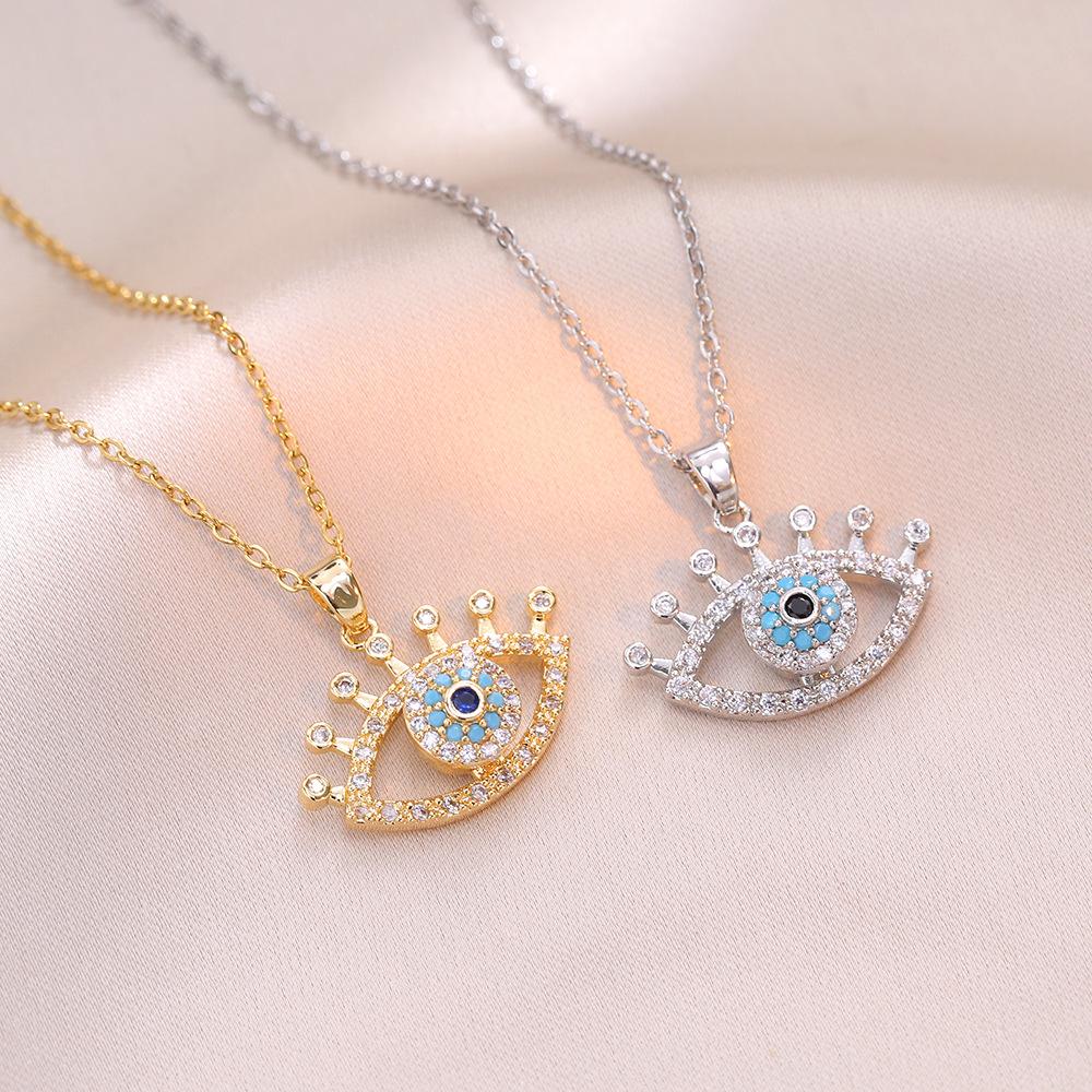 Cute Female Crystal White Blue Zircon Stone Eye Pendant Necklace Vintage Gold Silver Color Wedding Jewelry For Women