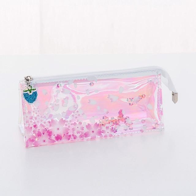 Kawaii Stift Rosa Laser Hülle Transparent Sakura PVC Geschenk Schulsi-Etui Stiftebeutel Zubehör Schreibwaren Kosmetik Reisehalter