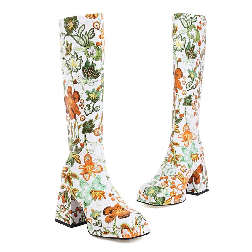 

Flower Print Platform Knee High Boots Women Block Heel Square Toe Sexy Lady Winter Autumn Warm Plush Slip-on Long Platform Boots 43