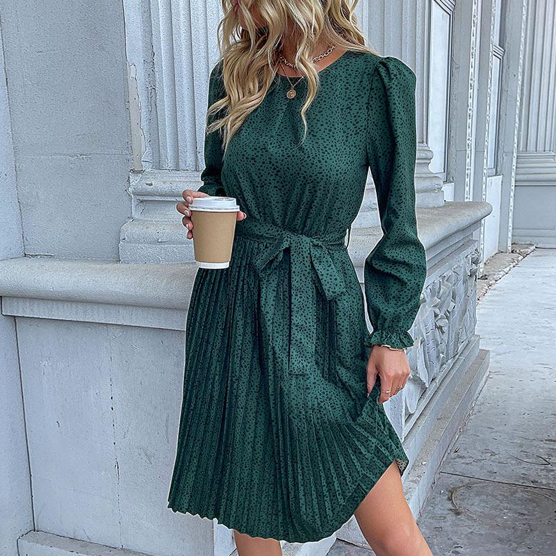 2024 Autumn Women's Long Sleeve Tie-up Leopard Print Dress