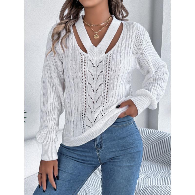 Autumn Winter Casual Hollow Out V-neck Twist Pullover Sweater Long Sleeve Casual Fashion Elegant Casual Tops Ladies Office Streetwear Simple Clothing