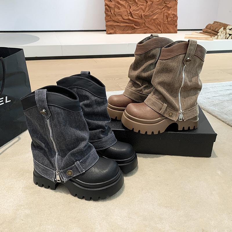 [Fanfna] European denim pants short boots women's 2025 autumn new retro thick-soled heightening stacking boots