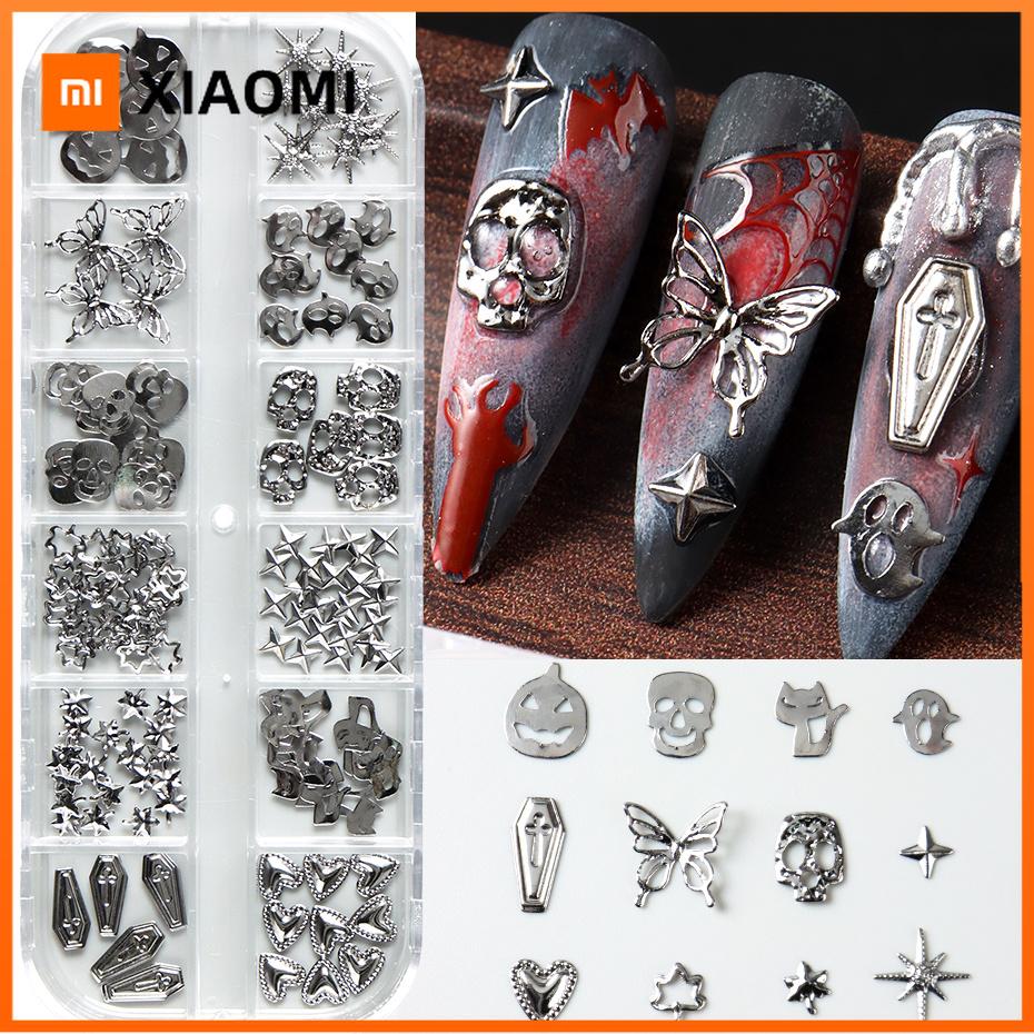 Xiaomi 12 Grids Silver Metal Halloween Nail Art Decorations Y2K Gothic Spooky Cat Skull Coffin Butterfly Star Heart Manicure Nail Decor