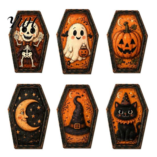 Boerderij Seizoensdecor Vintage Halloween Houten Tafeldecoratie, Rustiek Zwarte Kat Geest Skelet Pompoen Huisaccenten Bureau Blokbord voor Gelaagde