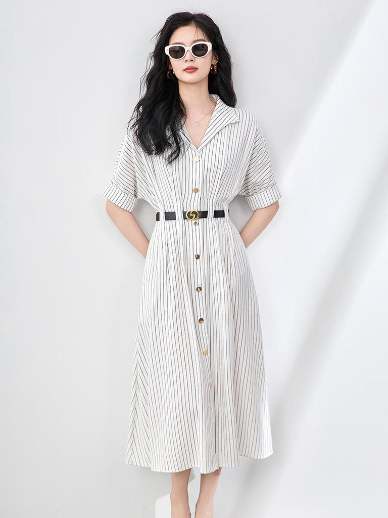 Women's Summer Striped Shirt Dress - High-End, Single-Breasted with Waist-Defining Fit