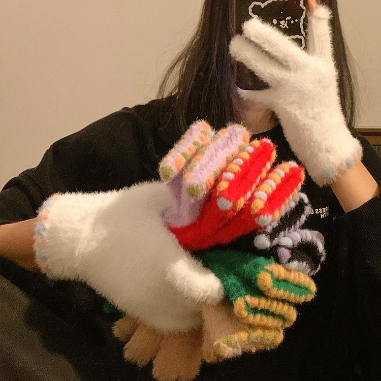 Cute Jelly Bean Fingerless Touch Screen Plush Five Finger Gloves for Women To Keep Warm in Winter and Velvet Thickened for Cycling Students