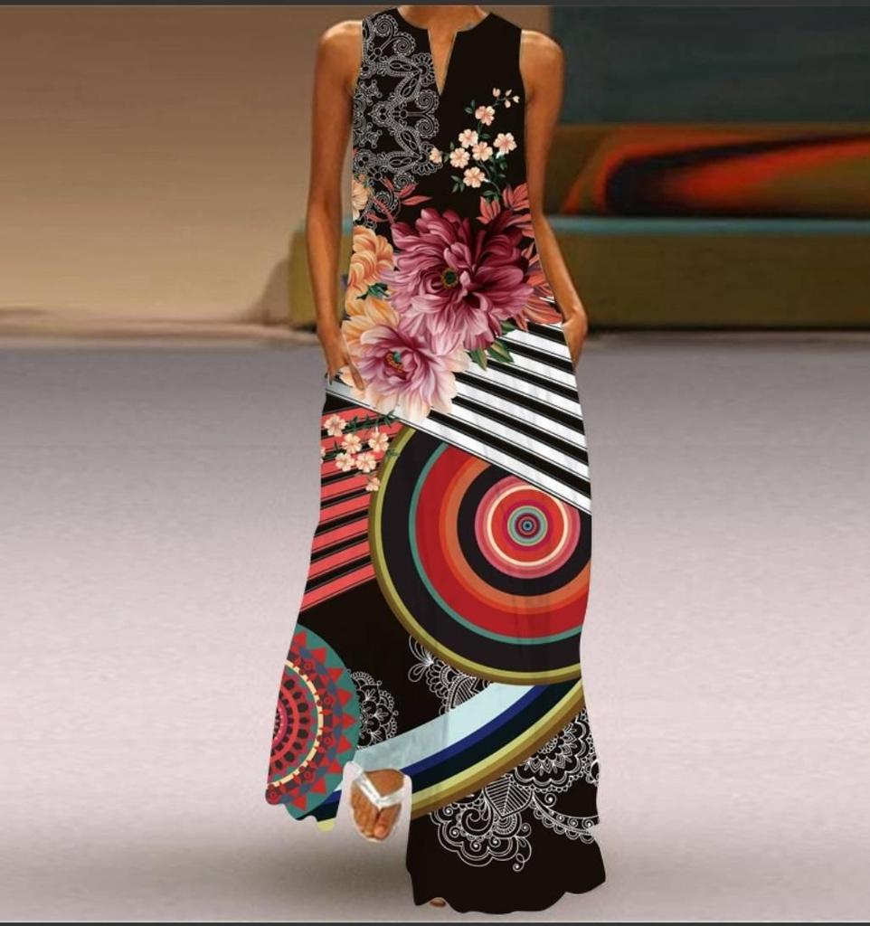 Vestidos estampados Vintage para mujer, vestido largo bohemio de verano sin mangas con cuello en V, Vestidos largos informales elegantes para fiesta en la playa