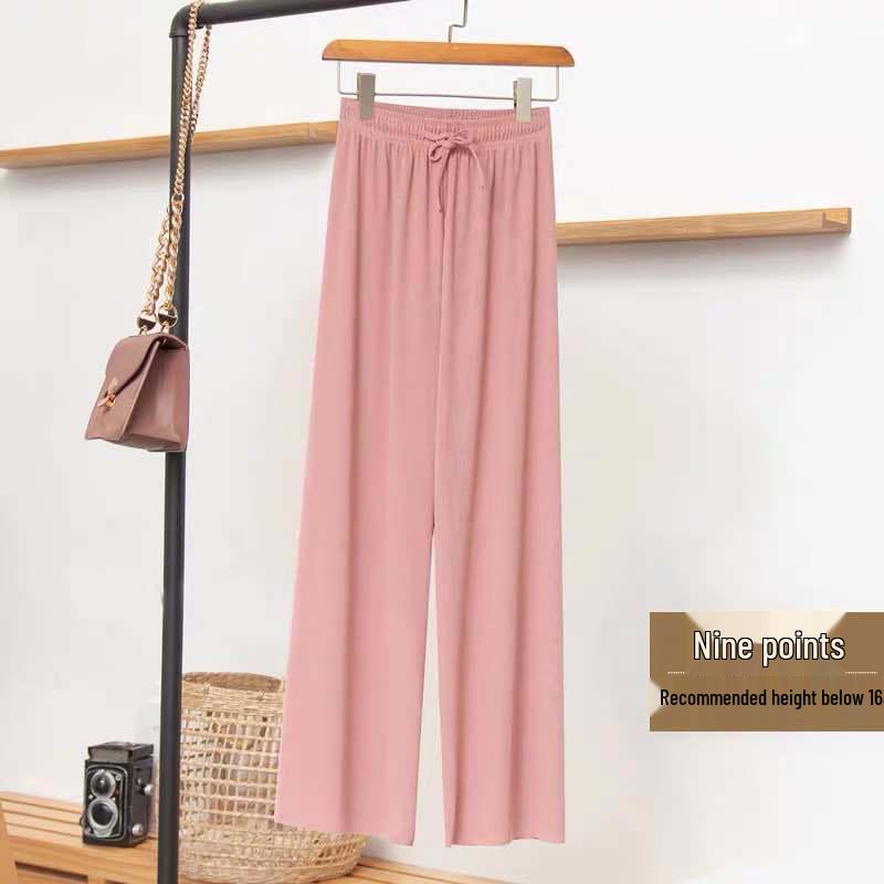 2025 Women's High Waist Wide Leg Ice Silk Pants - Spring/Summer Loose, Slimming, Floor-Length.