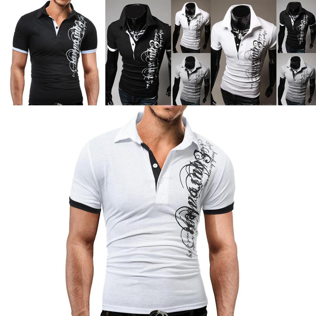 Elegant Men's Fashion Lapel Short Sleeve Blouse Casual Letters Print T-shirt