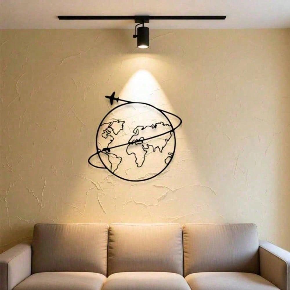 Metal World Map Wall Art Airplane Trajectory Minimalist Iron Craft Travel Theme Living Room Office Gift Travel Lovers