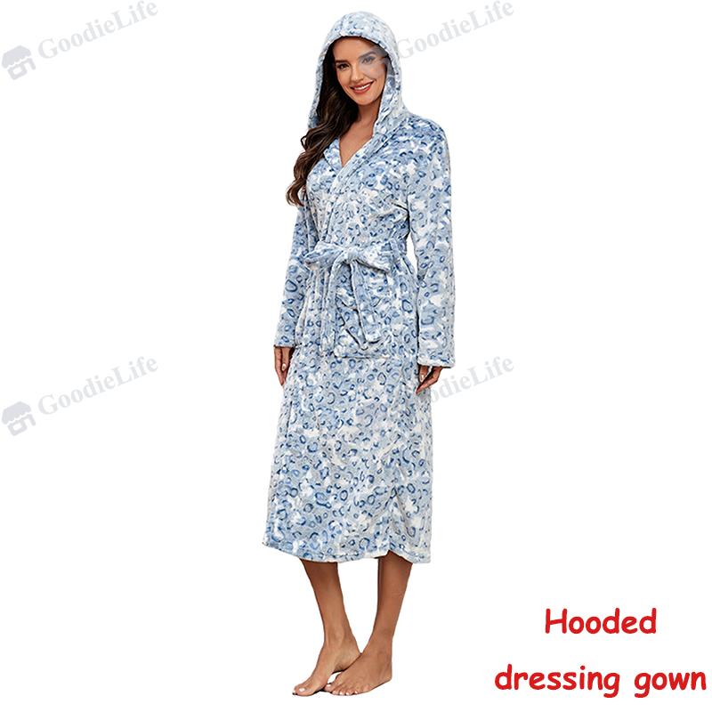 Thick Flannel Bathrobe for Women Winter Warm Fleece Robe Long Hooded Sleepwear Cozy Loungewear