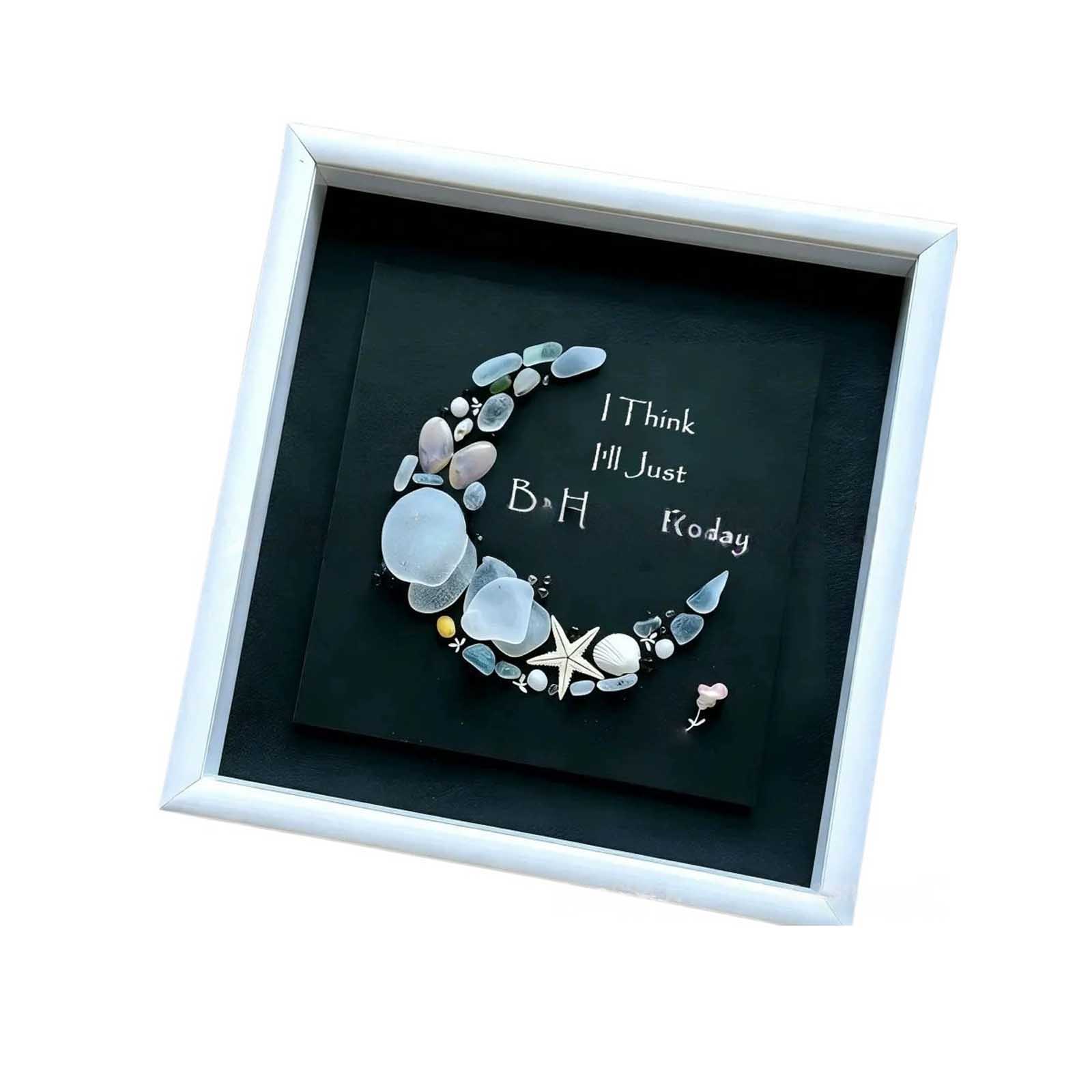 

Sea Glass Moon Art Shadow Box Frame Wall Decor with Natural Sea Glass Pebbles and Starfish Elements Handmade Coastal Style Display