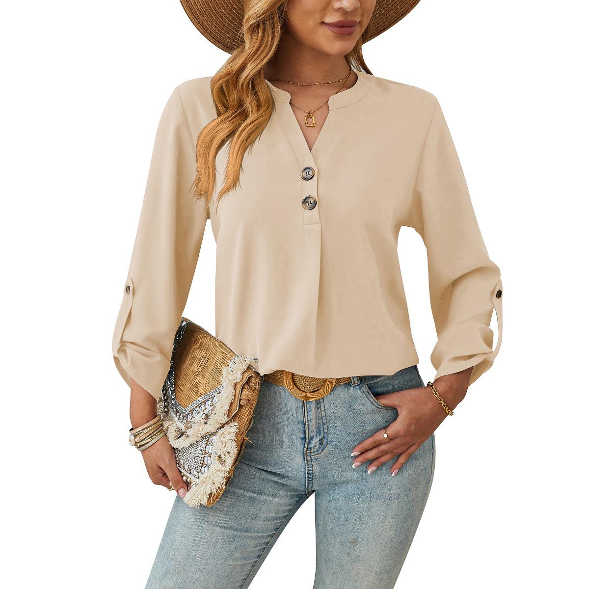 

Spring Summer New Women s V Neck Solid Color Casual Long Sleeve Top Breathable Comfortable European American Style S абрикосовый