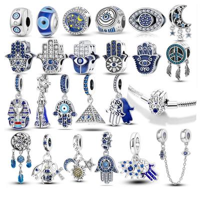 Blau 100% Kupferplattiert Glückliche Ägyptische Fatima Hamsa Hand Böser Blick Perlen Anhänger Passend Original Armband Halskette Anhänger Schmuck