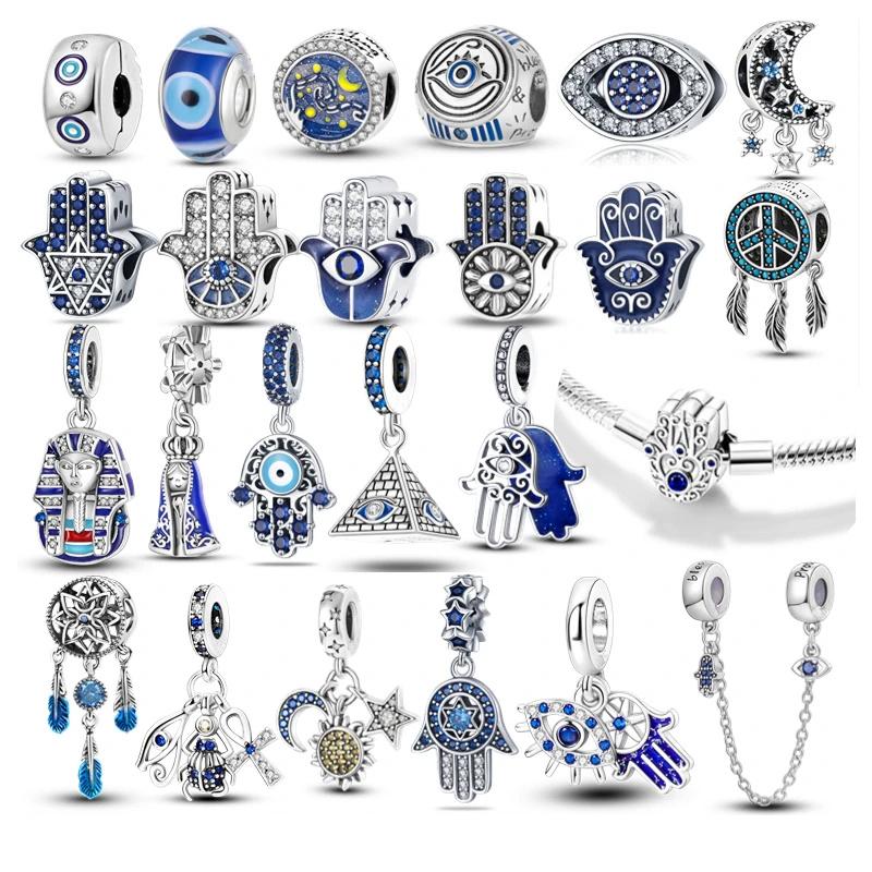 Blue 100 copper Plated Lucky Egyptian Fatima Hamsa Hand Evil Eye Bead Charms Charm Compatible With Authentic Bracelets Necklaces Pendent Jewellery
