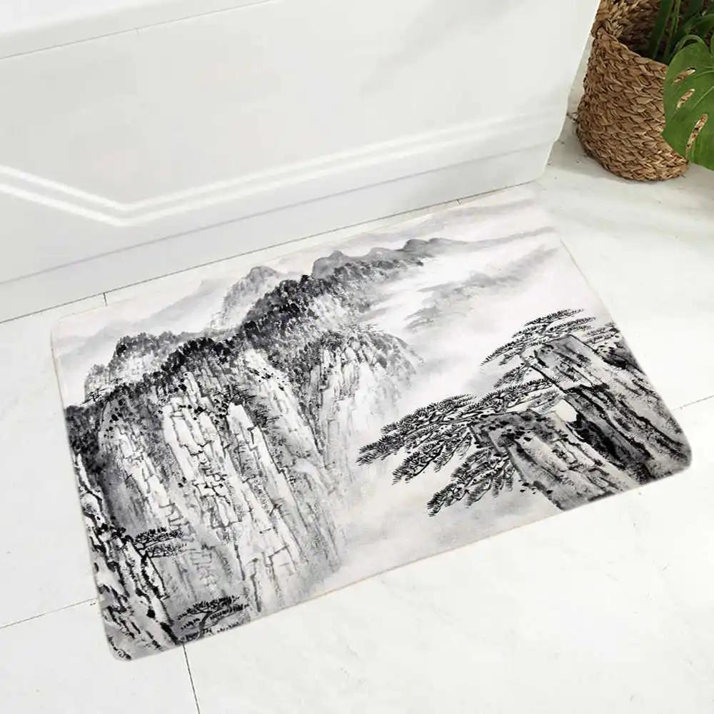 Chinese Ink Painting Floor Mat for Living Room Bedroom Kitchen Decor Non-Slip Carpet Landscape Print Doormat Soft Bathroom Mats