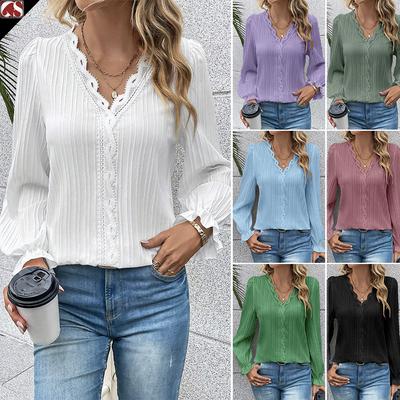 Moda feminina primavera verão manga lanterna renda cor sólida pulôver chiffon camisa blusa top