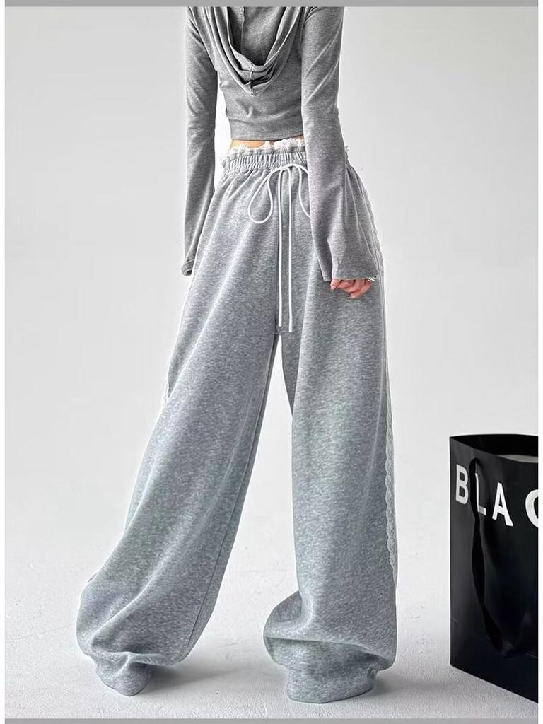 2024 Women's Trendy High Waist Wide-Leg Patchwork Lace Sweatpants