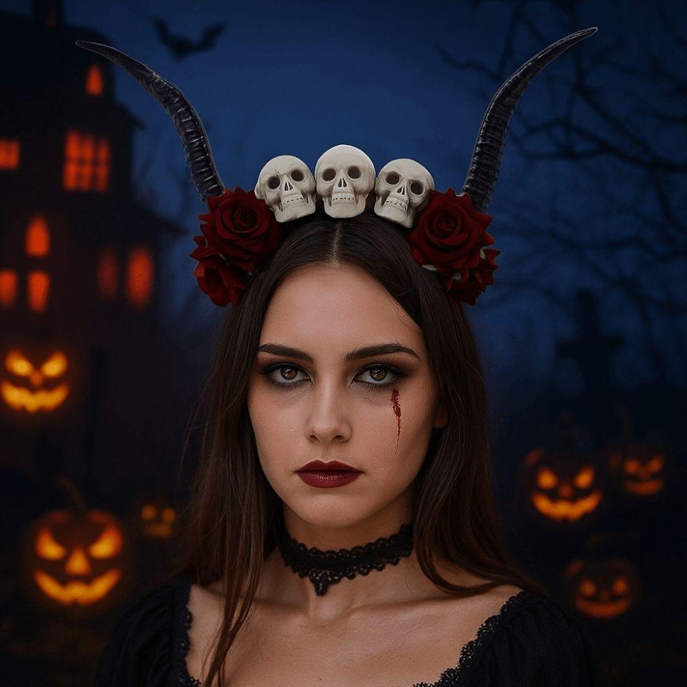 Halloween Ox Horns Headband Gothic Style Red Rose Headband Sheep Horn Hairband  Halloween Party