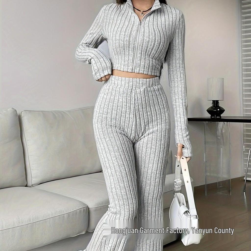 Europäisches & Amerikanisches Mode Geripptes Zweiteiliges Set: Reißverschluss Langarm-Oberteil & High-Waist Schlaghosen