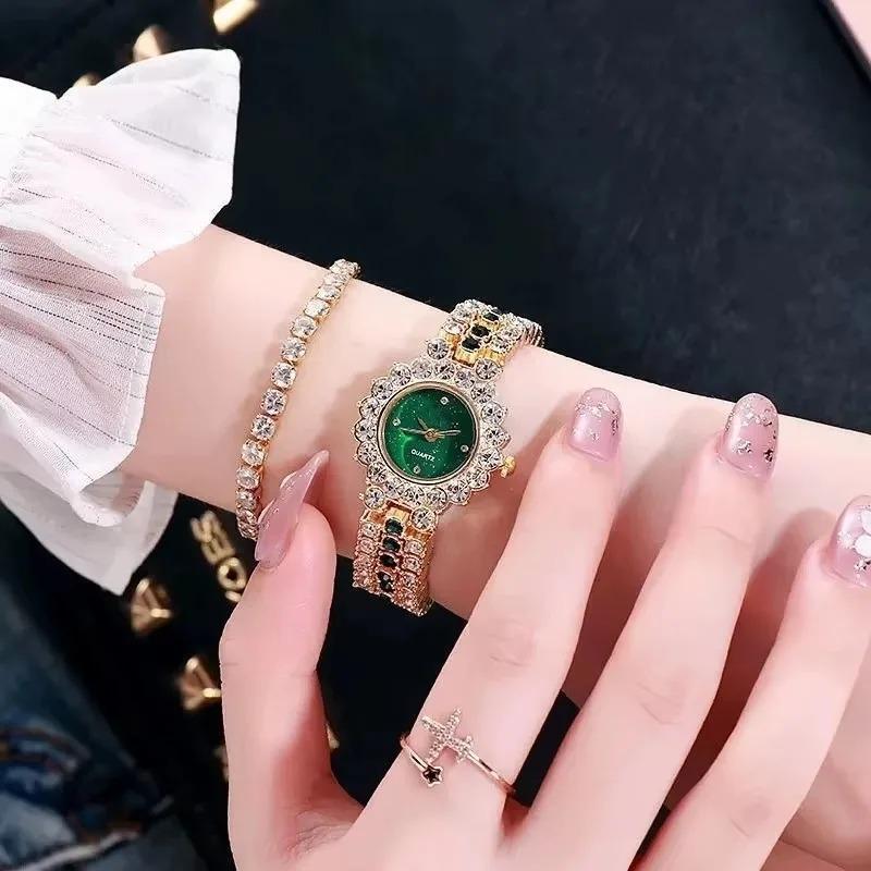 Golden Luxury Watch Women Ring Necklace Earring Rhinestone Fashion Wristwatch Casual Ladies Bracelet Watches Jewelry Set