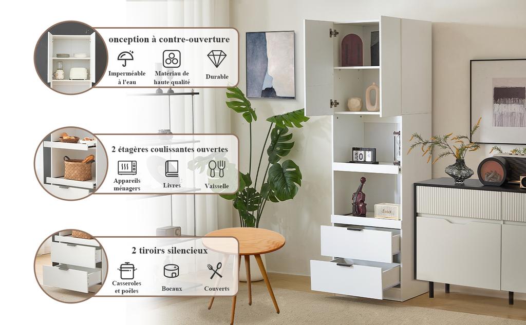 200cm High Kitchen Cabinets, Tall Cabinets with Anti-Tip Protection, Freestanding Multifunctional Cabinets for Dining Room, Living Room White
