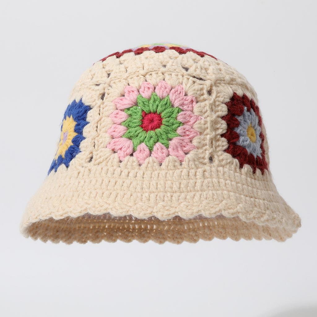 Chapéu de Tricô Feito à Mão Huejado com Flores Coloridas Misturadas Estilo Mori Nicho Versátil Retro para Viagem de Primavera e Outono para Mulheres