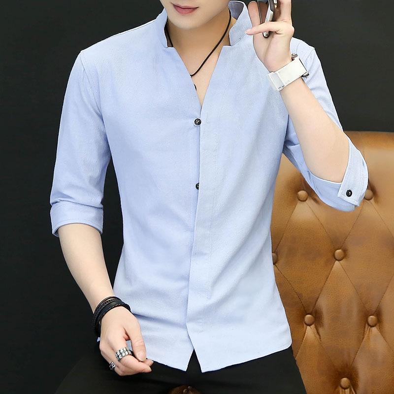 Men's Slim Fit Stand-up Collar Shirt: Short & Long-Sleeved Korean Style for Spring/Autumn