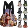Women's Fashionable V-Neck Long Sleeve Vintage Christmas Print Dress for Casual Holiday Party Wear