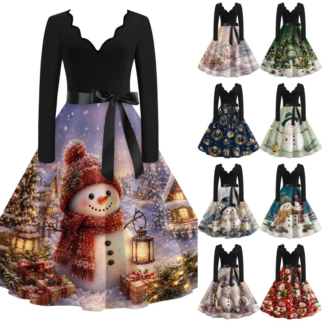 Women's Fashionable V-Neck Long Sleeve Vintage Christmas Print Dress for Casual Holiday Party Wear