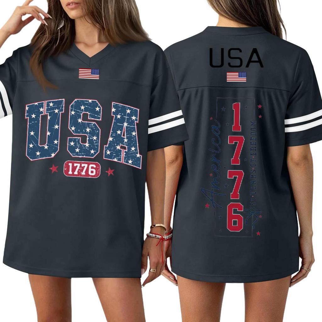 Damen Casual Mode V-Ausschnitt Sport Unabhängigkeitstag Druck Kurzarm Sport T-Shirt Top