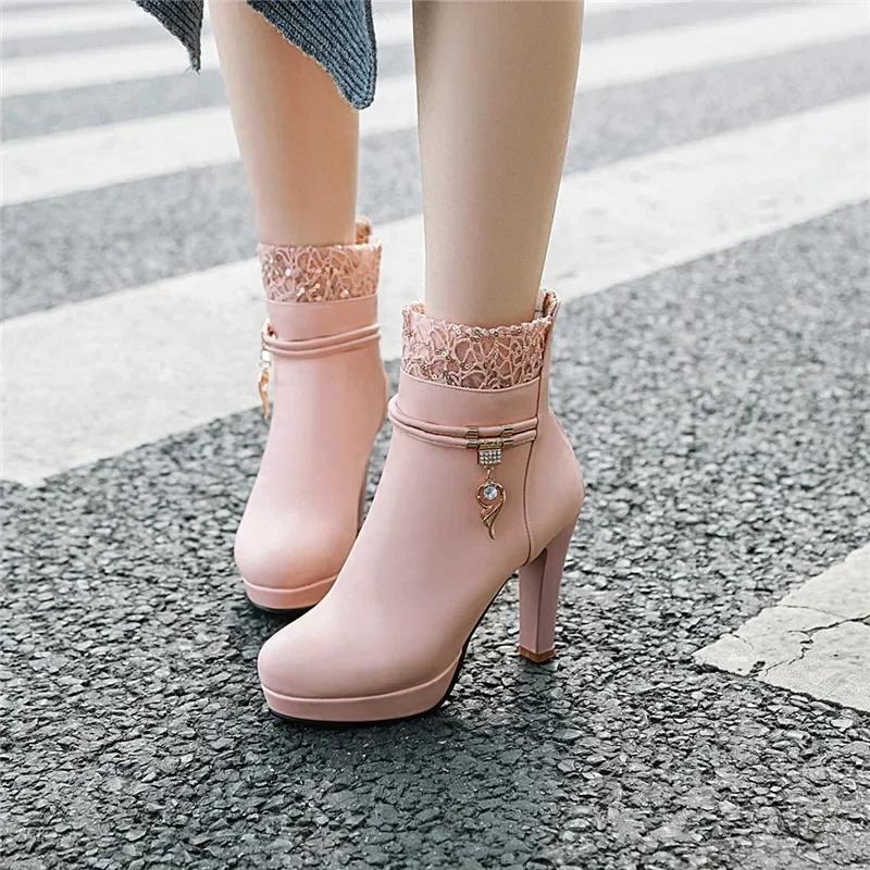 2025 Fashion High Heels Woman Booties Lace Design Princess Platform Party Wedding Womens Shoes White Black Ankle Boots Winter