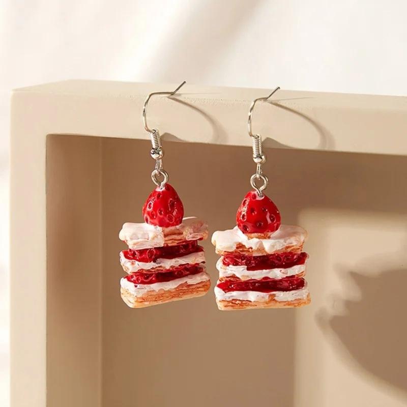 Lovely Strawberry Cake Earrings for Girls Handmade Food Shaped Ear Ornament