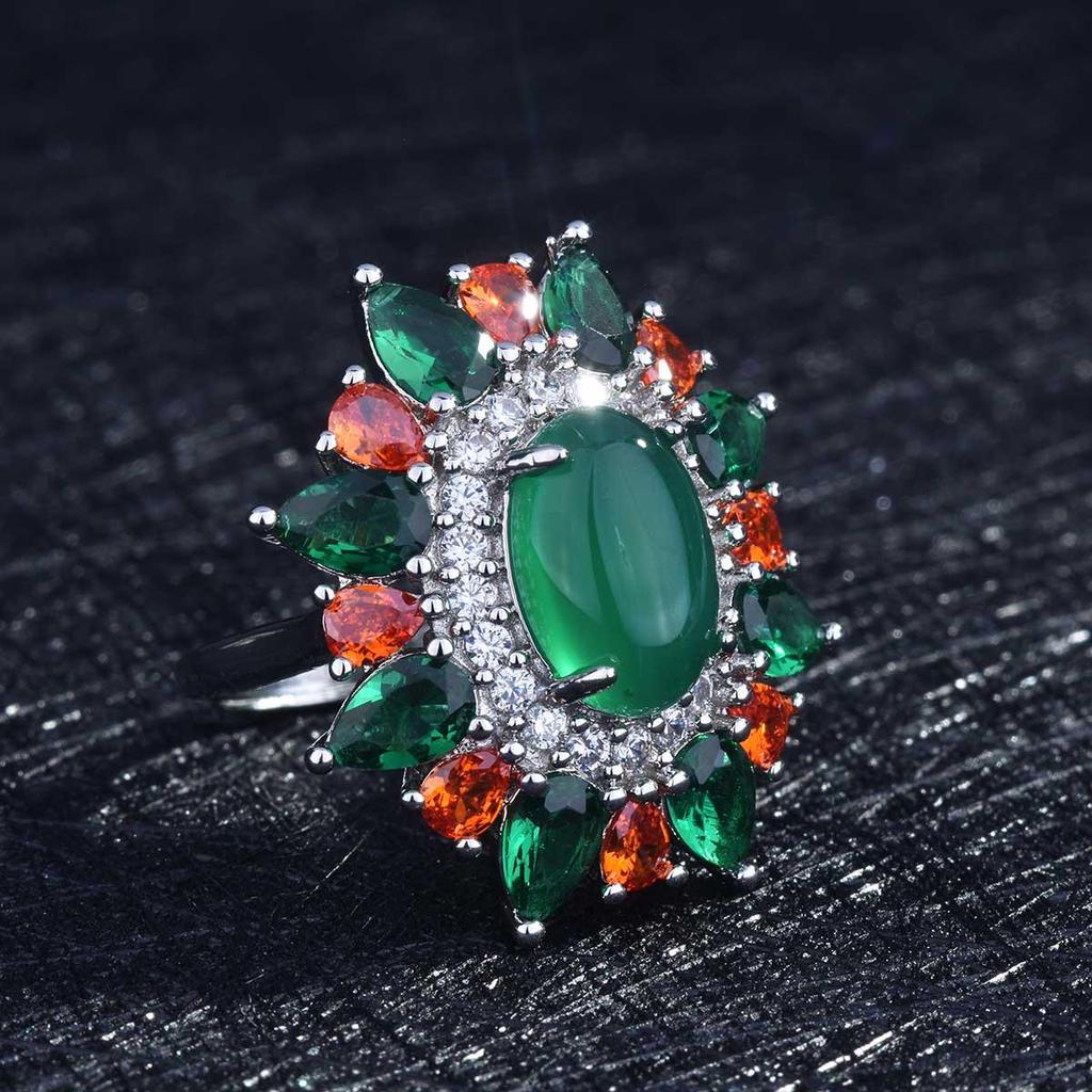 European-American Luxury Imitation Emerald and Jadeite Ring for Women: Winter Gemstone Garden Design