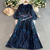 Spring Autumn Women Print Flower Runway Dresses V-neck Big Swing Long Maxi Pleated Holiday Party Dress With Belt