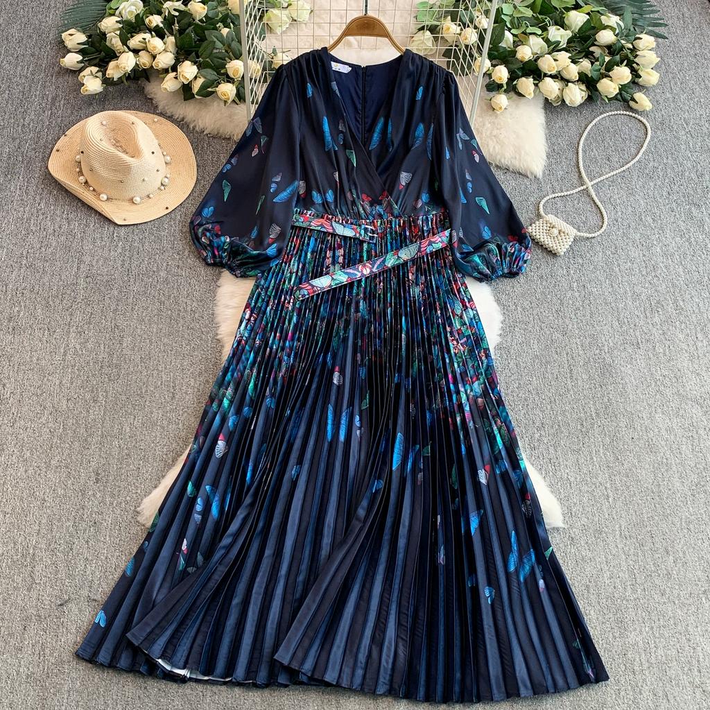 Spring Autumn Women Print Flower Runway Dresses V-neck Big Swing Long Maxi Pleated Holiday Party Dress With Belt