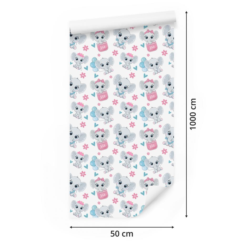 Elephants Wallpaper White, Light Gray and Powder Pink 50x1000